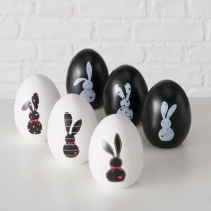 Osterei, Figur, Holz, Hase Happy, schwarz / weiß mit Pink