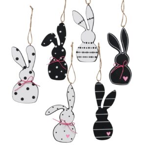 Deko Anhänger Hase Happy, schwarz / weiß, Holz, 6-teiliges SET