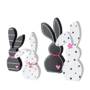 Hase Happy stehend aus Holz, schwarz & weiß mit Pink